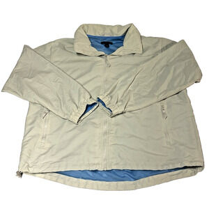 Men's Lands End Hooded Cream Colored Full Zip Windbreaker Size Large Zip Pockets